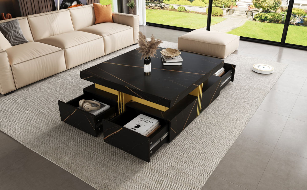 Modern Black Square Storage Coffee Table With 4 Drawers