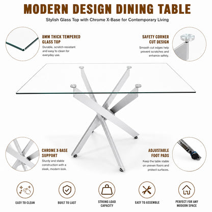 Modern Rectangular Glass Table, 47.24 Inches Of Tempered Glass With A Silver Frame.Kitchen Table Set for Dining Room, Party Table,Conference table,Living Room,Office,Cafe,Home Kitchen,Bedroom