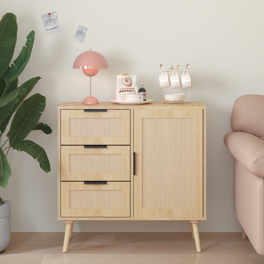 Modern Rattan Wood Dresser Wood Storage Cabinet Sideboard