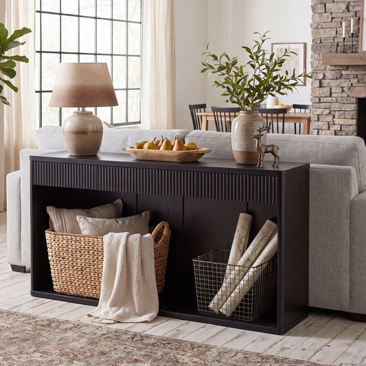 63" Fluted Console Table with 3 Drawers, Long Sofa Table Behind Couch for Living Room, Hallway, Foyer,Black