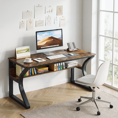 47 inch Computer Desk, Office Desk w/Storage, Large Legroom, Sturdy U-Shaped Metal Frame Study Table, Home Office Desks for Gaming Study Writing Work, Rustic Brown