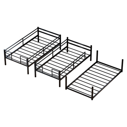 Metal Triple Bunk Bed Twin over Twin over Twin, Convertible 3-in-1 Detachable Bed Frame with Anti-Tip Bracket, Guardrails, Slats Support, Noise Free, No Box Spring, Black