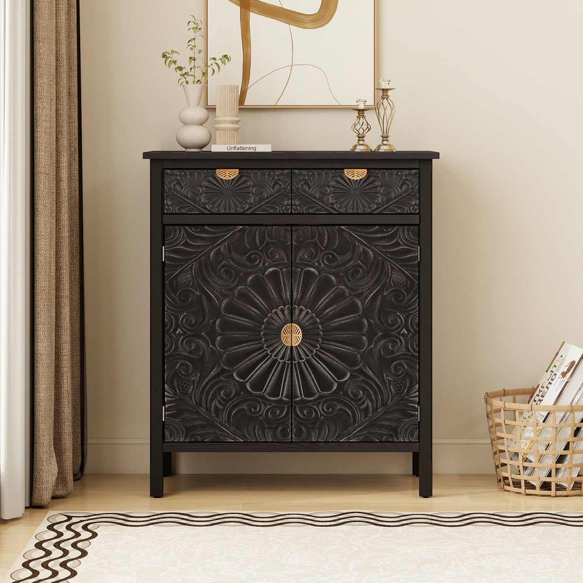 Hand-Carved Accent Cabinet, Black Wooden Storage Cabinet with Drawer & Doors, Floral Embossed Sideboard with Gold Handles for Entryway, Living Room, 14.97"x31.5"x36.82"
