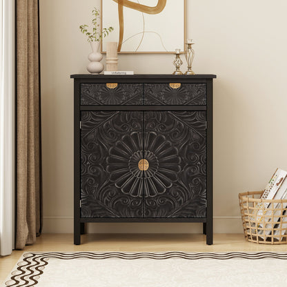 Hand-Carved Accent Cabinet, Black Wooden Storage Cabinet with Drawer & Doors, Floral Embossed Sideboard with Gold Handles for Entryway, Living Room, 14.97"x31.5"x36.82"
