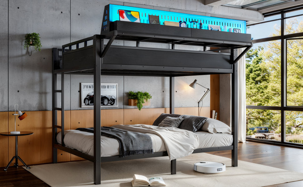 Queen over Queen Size Metal Bunk Bed with Storage Shelves and Pegboard, Bunk Bed Frame with USB Ports and LED Lights, Space-Saving, for Teens and Adults, Black