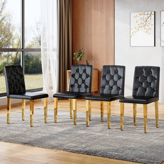 4-pack black PU dining chairs: ergonomic buckle backrest, 35 inches high, golden metal legs