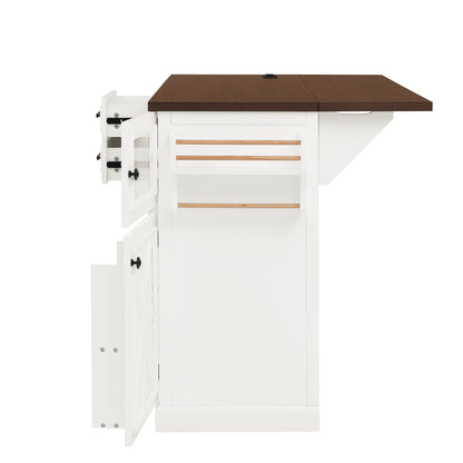47.2" Kitchen Island with Drop Leaf, Power Outlet, Rolling Kitchen Storage Cart on 4 Wheels with 4 Door Shelves, Cross Barn Doors & Visual Glass Door for Kitchen,White