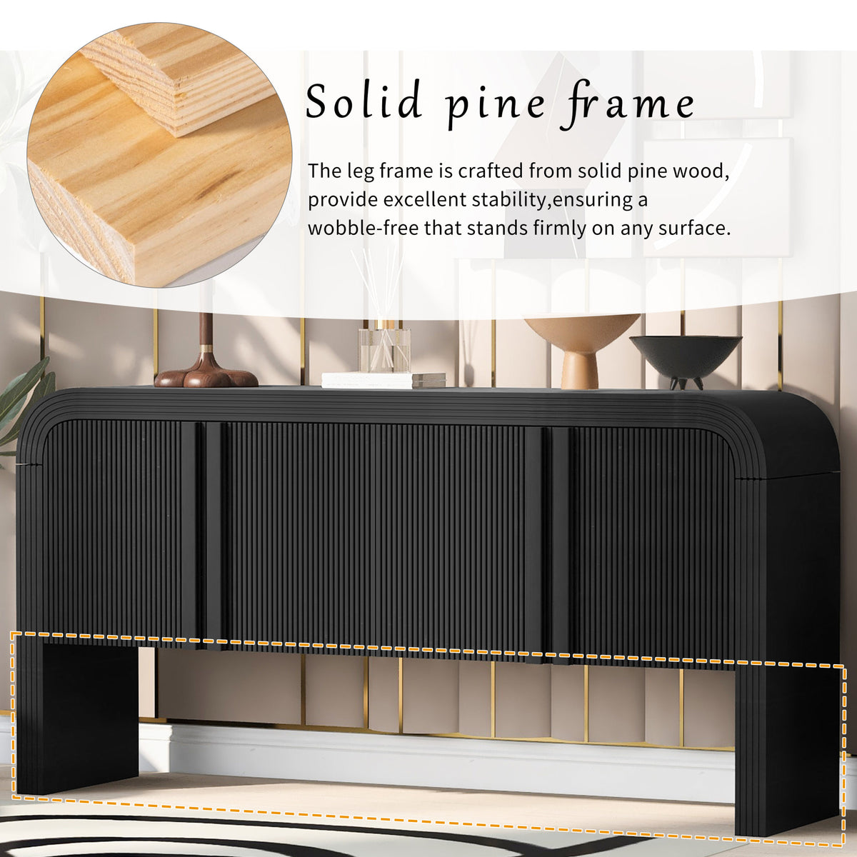 U_STYLE 62.2-Inch Wave-Pattern Console Table with 4 Doors and Adjustable Shelf, Curved design Sofa Table Behind Couch