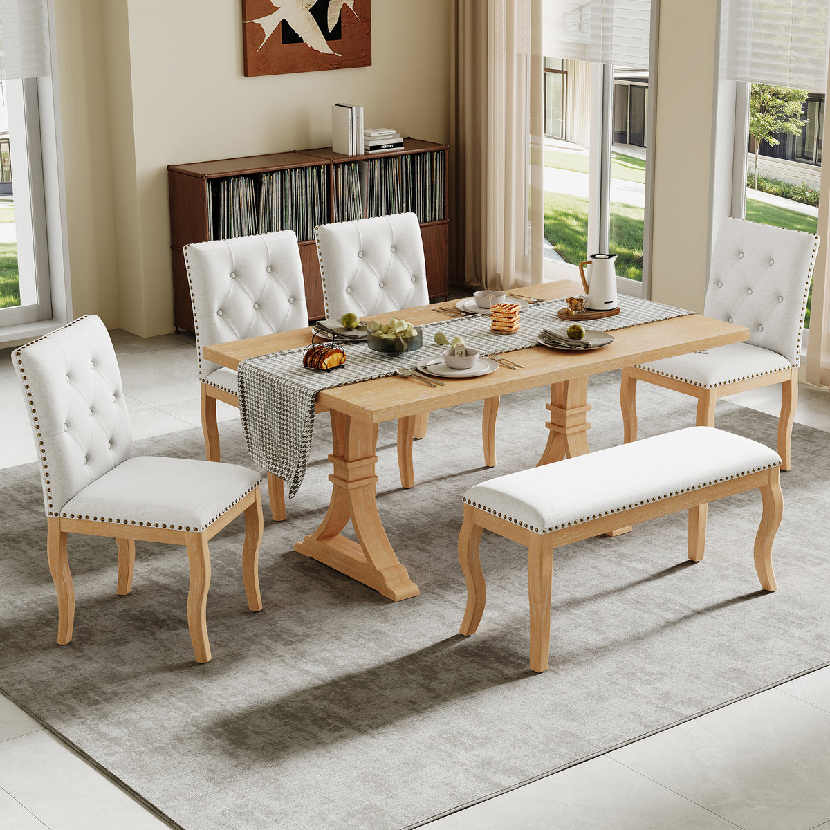 TREXM 6-Piece Dining Table Set with Bench, Oak Finish Dining Room Table Set with 4 Upholstered Button Tufted Chairs, Nailhead Trim, Curved Wood Legs, Farmhouse Kitchen Dining Furniture (Natural)