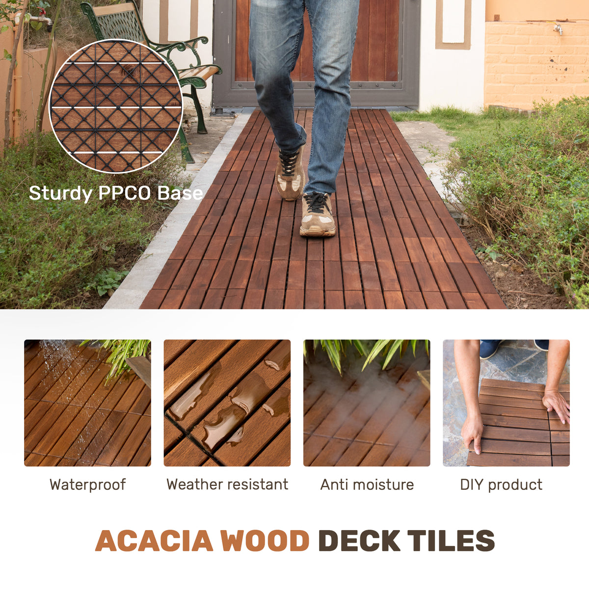 10 PCS Interlocking Deck Tiles Striped Pattern, 12" x 12" Square Acacia Hardwood Outdoor Flooring for Patio, Bancony, Pool Side,...