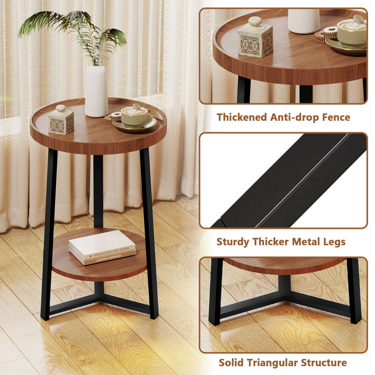 End Table with Storage, 2-Tier Small Round Side Table, Farmhouse Accent Table & Nightstand for Living Room, Bedroom & Small Spaces, Wood Top, Black Metal Frame, Brown