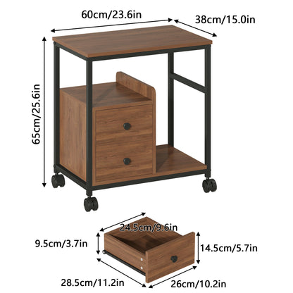 End Table with Wheels & Storage Drawers, Side Table,  Nightstand, Stable Metal Frame, Wood Top, for Bedroom Kitchen Living Room and Office, 14.9"D x 23.6"W x 25.7"H