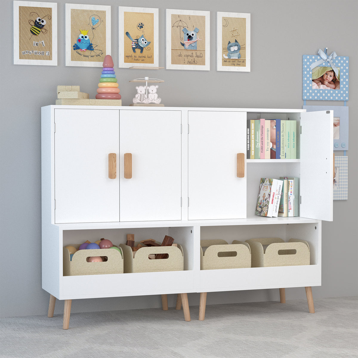 Kids Toy Storage Cabinet with Doors and Open Shelf, White Modern Wooden Organizer with Natural Wood Legs, Toddler Bookshelf
