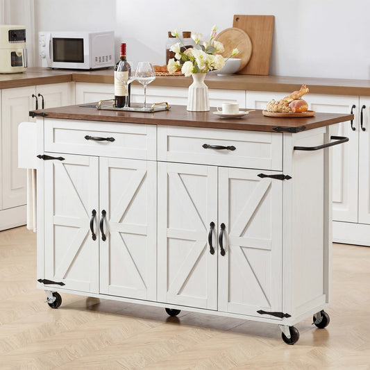 K&K 53.5''Farmhouse Kitchen Island with Power Outlet, Kitchen Storage Island with Drop Leaf, Spice Rack and Drawer