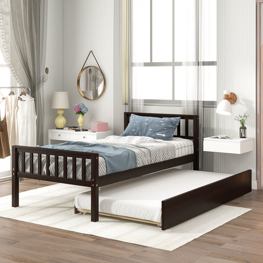 Twin Bed with Trundle, Platform Bed Frame with Headboard and Footboard, for Bedroom Small Living Space,No Box Spring Needed,Espresso(New SKU:W504P148534)