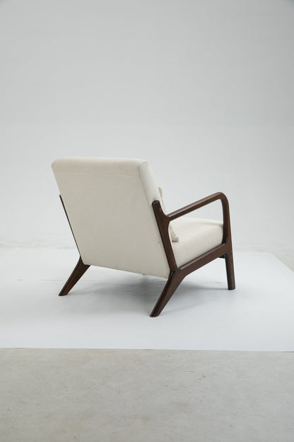 Mid Century Modern Accent Chair with Wood Frame, Upholstered Living Room Chairs with Waist Cushion, Reading Armchair for Bedroom Sunroom – Antique White