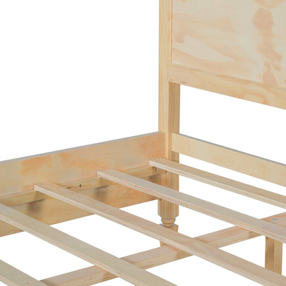 King Size Wood Platform Bed Frame with Classic Panel Headboard, Natural Finish, Solid Wood and MDF Construction, 10 Wooden Slats, No Box Spring Needed