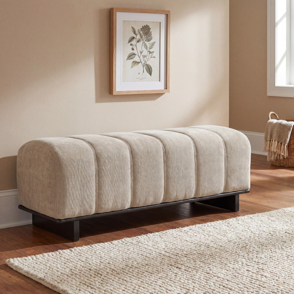 Modern Indoor Dining Bench in Oatmeal Chenille with Rubber Wood and Plywood Frame, 250lbs Capacity, Comfortable Seating for Dining Room or Living Area