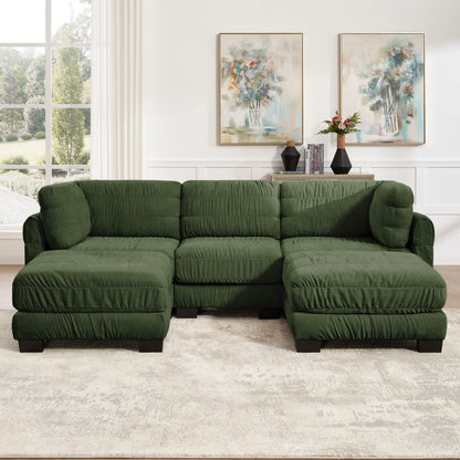 3 Seat Ruched Detailing Chenille Modular Sectional Sofa,Movable 2 Ottomans,High-Density Foam,L Shape Thickened  Back Cushions,Easy Assembly,For Living Room,Bedroom,Green