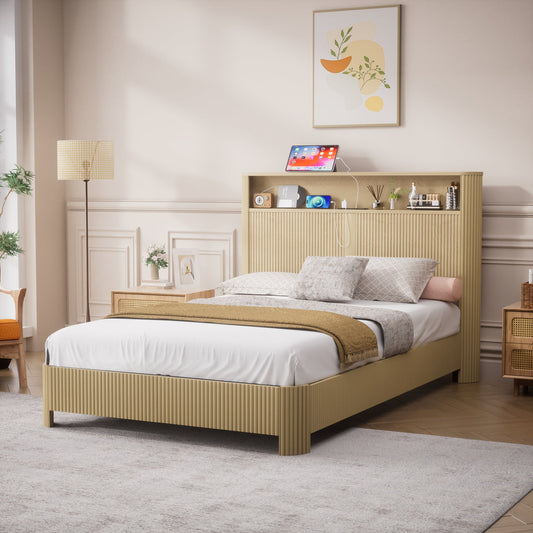 Full Extra Long(Full XL) Size bed frame with storage headboard, built-in charging station, wavy curved lines design, silent operation