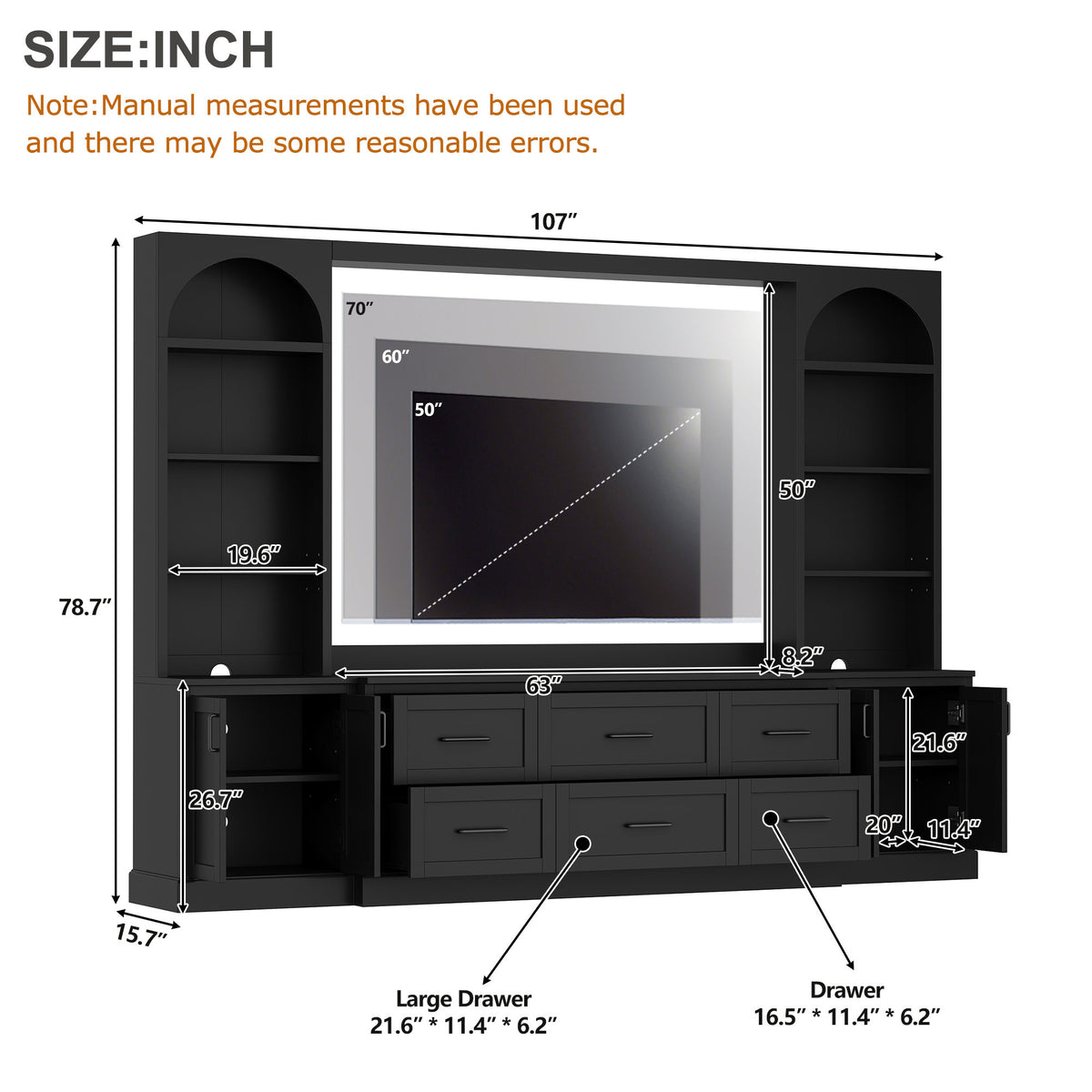 Modern Arched Entertainment Center Wall Unit with 6 Drawers, Farmhouse Large TV Stand with Bookshelves for TVs Up to 70', All-in-One Media Console with Adjustable Shelves for Living Room, Black