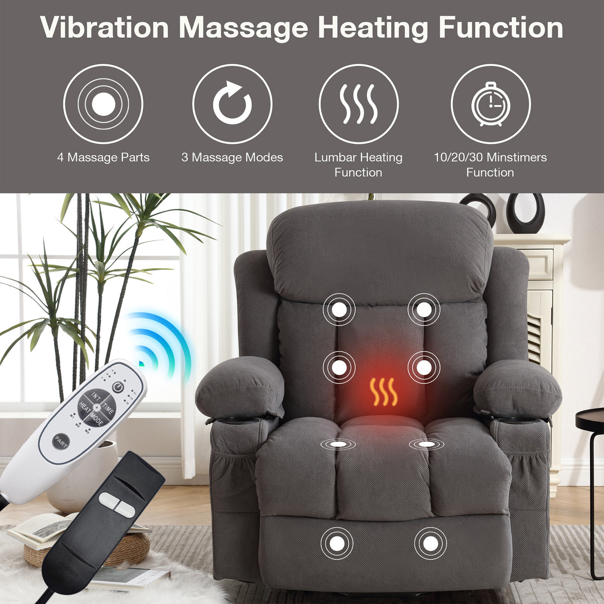 Power Lift Recliner Chair with Heat and Massage Electric Fabric Recliner Chair for Elderly with Side Pocket, USB Charge Port, Remote Control for Living Room (GREY)