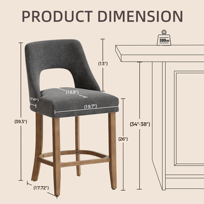 Bar Stools Set of 2, Upholstered Counter Height Bar Stools, Modern Counter Stools with Wood Legs for Kitchen Island Dining Room Bar, Dark Grey