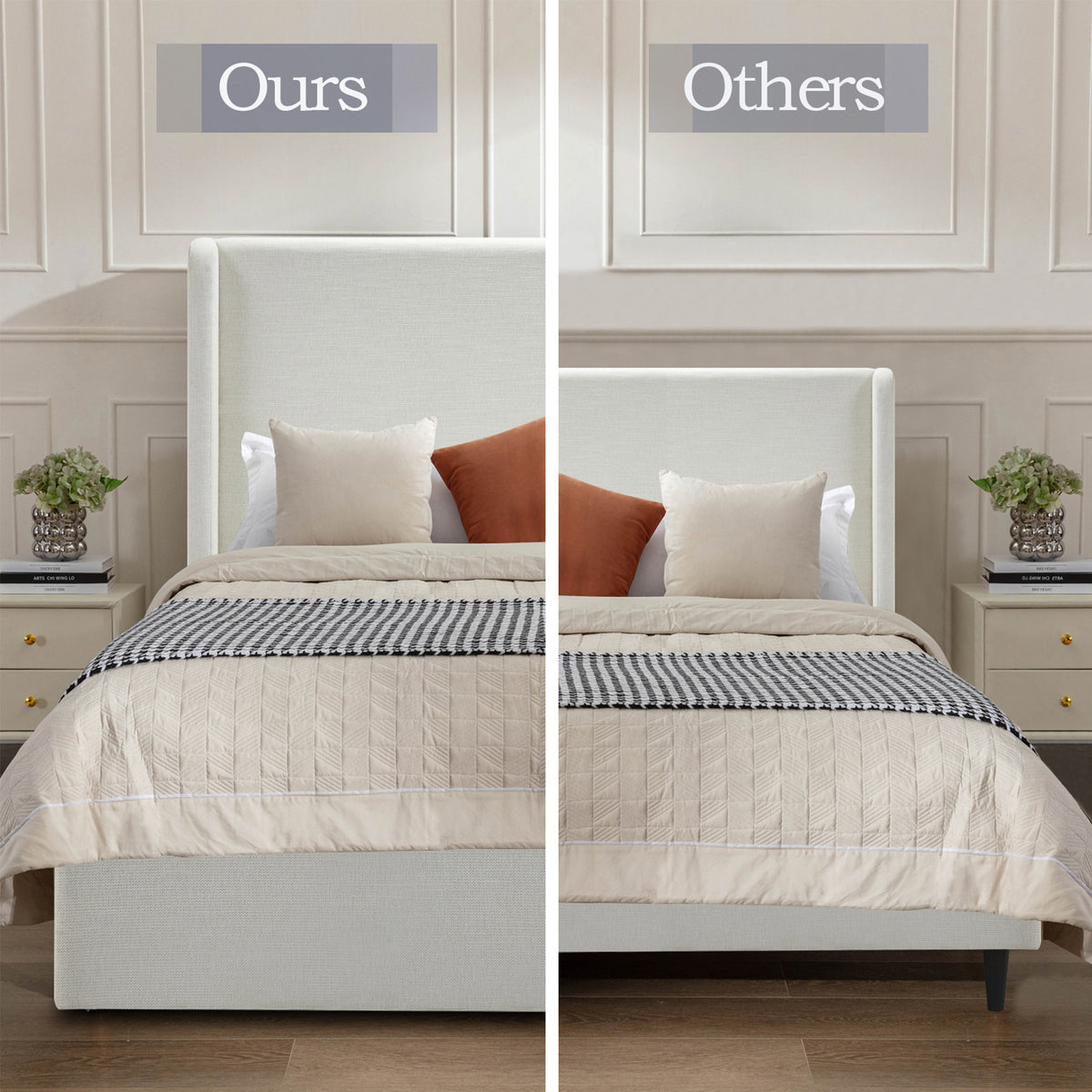 Carmen Upholstered Wingback Bed / Upholstered Platform Bed Frame / 54" High Headboard / Simplicity / Minimalist / No Box Spring Needed / Easy Assembly / Queen/ Textured Ivory Canvas / No Noise