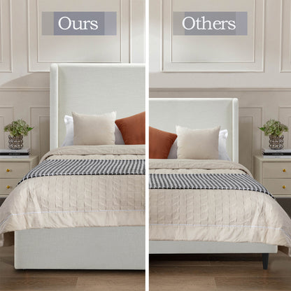 Carmen Upholstered Wingback Bed / Upholstered Platform Bed Frame / 54" High Headboard / Simplicity / Minimalist / No Box Spring Needed / Easy Assembly / Queen/ Textured Ivory Canvas / No Noise