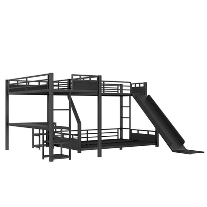 L-Shaped Metal Bunk Bed (Top bed: twin xl, bottom bed: queen) with Single Loft Bed, Desk, and Storage Shelves, USB Charging Port Included - Metal Triple Bunk Bed with Slide,B