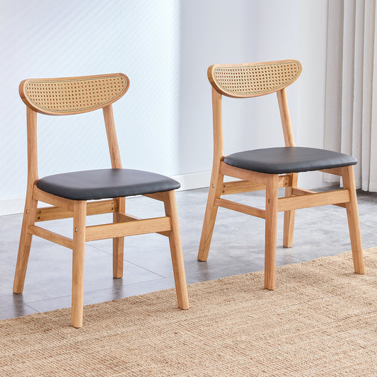 Cozy Natural Wood Color Rubberwood Dining Chair Set - 2 Pieces, Solid Wood and Rattan-Style Design, Small Curved Back, PU Cushion, And Beautiful Shape Match Perfectly With Any Room And Everyday Use.
