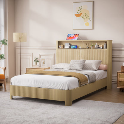 Full Extra Long(Full XL) Size bed frame with storage headboard, built-in charging station, wavy curved lines design, silent operation, metal support, Natural
