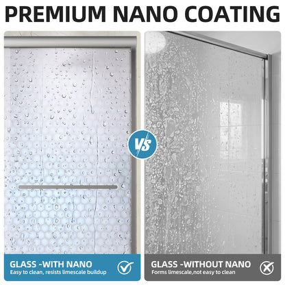 56-60" W x 72" H Framed Double Sliding Shower Door, 1/4" (6mm) Frosted Ultra-Clear Tempered Glass with nano self-cleaning coating, Brushed Nickel Finish, Reversible Installation