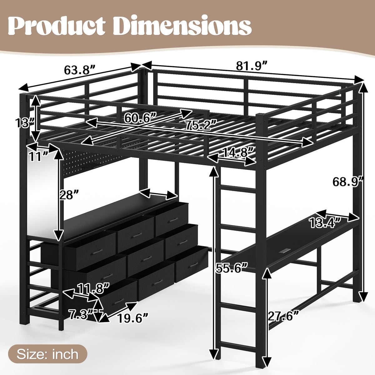 Queen Size Loft Bed with Desk, Loft Bed with Drawers, Loft Bed with Led Light and USB, Sturdy Loft bed Frame, Loft Bed with Mirror, Multi-Functional High Loft Bed for Teens Adults.Black