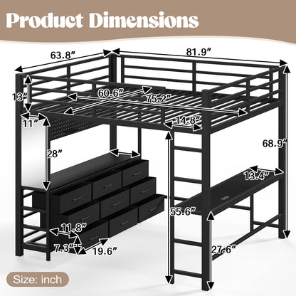 Queen Size Loft Bed with Desk, Loft Bed with Drawers, Loft Bed with Led Light and USB, Sturdy Loft bed Frame, Loft Bed with Mirror, Multi-Functional High Loft Bed for Teens Adults.Black