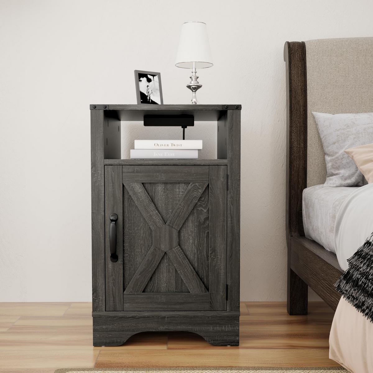 Farmhouse Nightstand with Charging Station Wooden Rustic End Table for Bedroom, Living Room, 16" D x 16" W x 25" H(Set of 1), Dark Grey