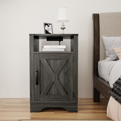 Farmhouse Nightstand with Charging Station Wooden Rustic End Table for Bedroom, Living Room, 16" D x 16" W x 25" H(Set of 1), Dark Grey