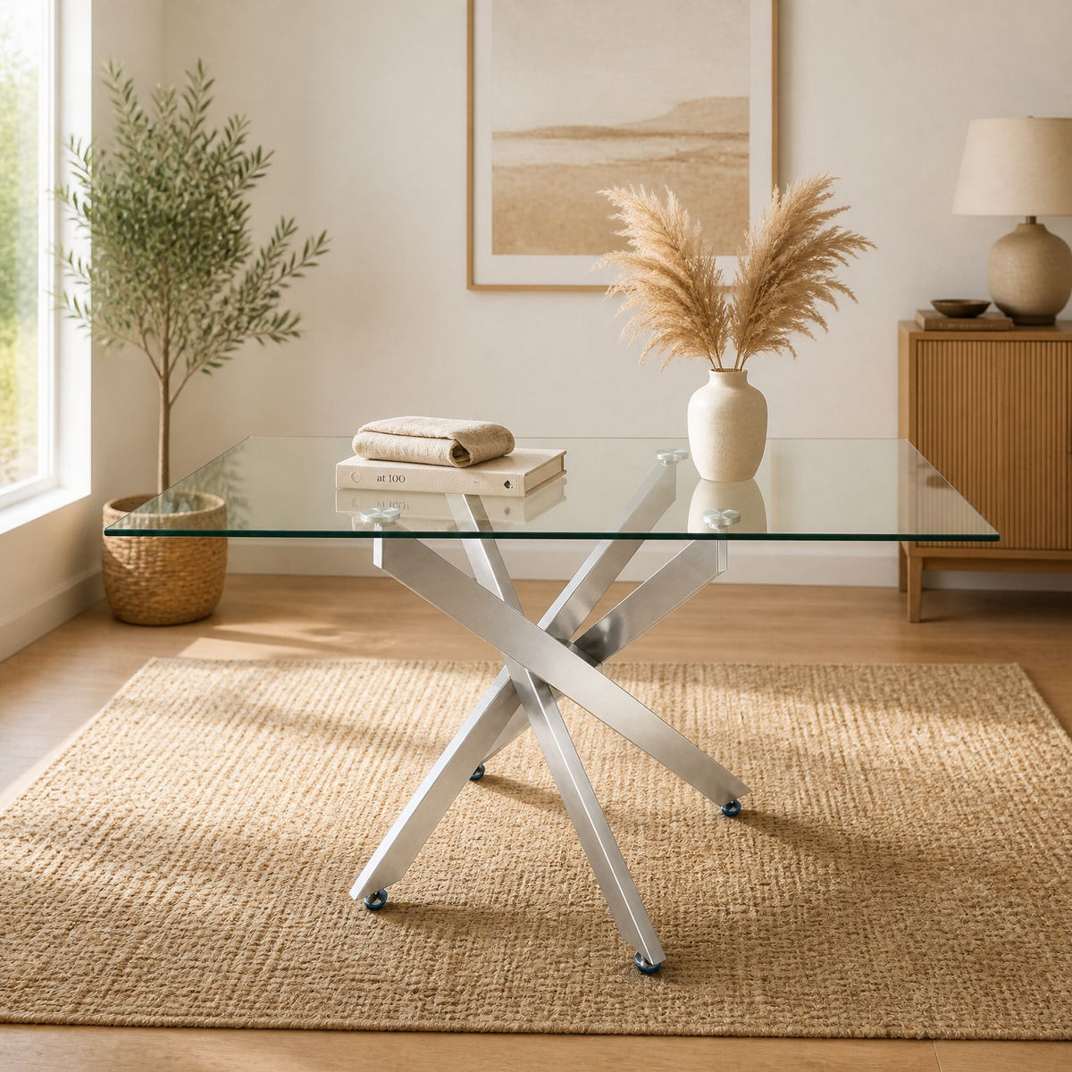 Modern Rectangular Glass Table, 47.24 Inches Of Tempered Glass With A Silver Frame.Kitchen Table Set for Dining Room, Party Table,Conference table,Living Room,Office,Cafe,Home Kitchen,Bedroom