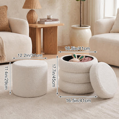 Round Ottoman with Storage Boucle Ottoman (Beige)   Storage Removable Lid for Living Room Modern Vanity Sorage Stool Foot Rest Bedroom Set of 2