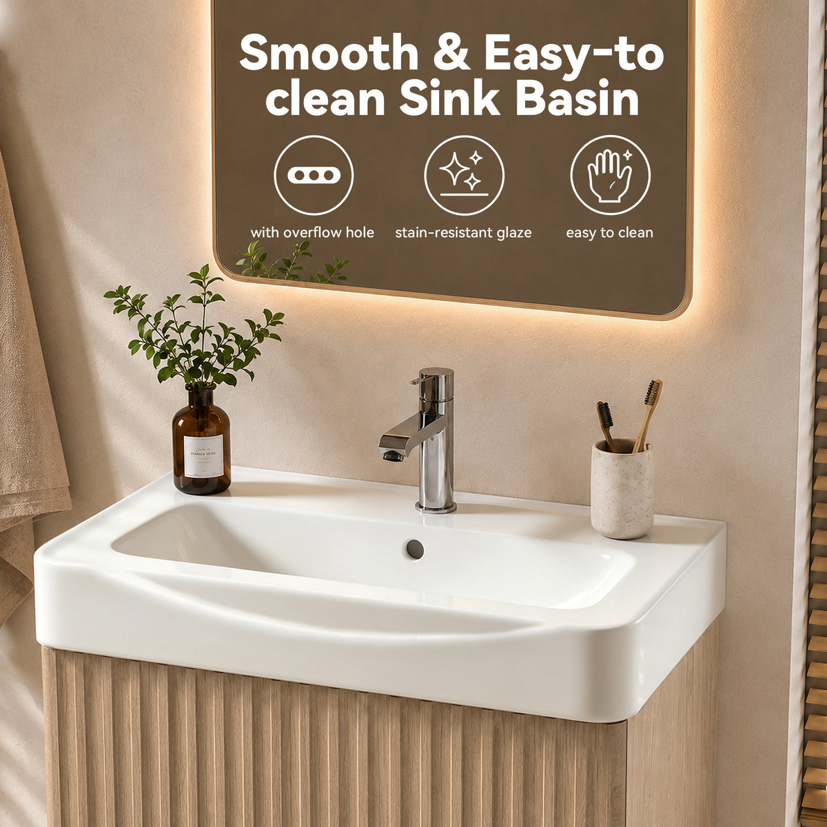 Wall Mount20' Light Oak Bathroom Vanity with Ceramic Sink with one faucet holes, Cabinet  Soft close doors  Pre-installed and completed