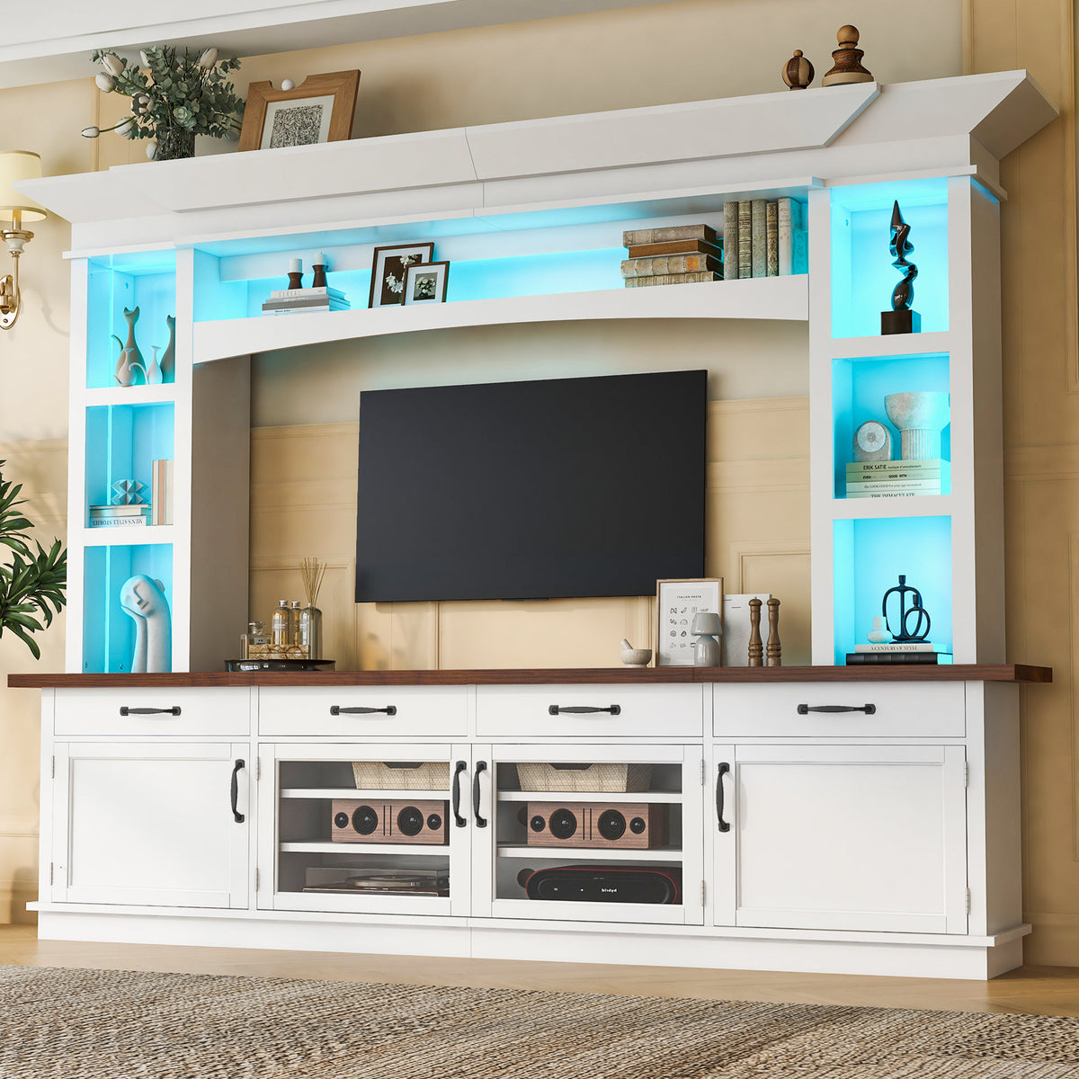 94.3' Extra Long Farmhouse TV Stand with 7-Color LED Lights, Adjustable Shelves & Storage Cabinets, Modern Entertainment Center Media Console for 65 Inch TVs for Living Room