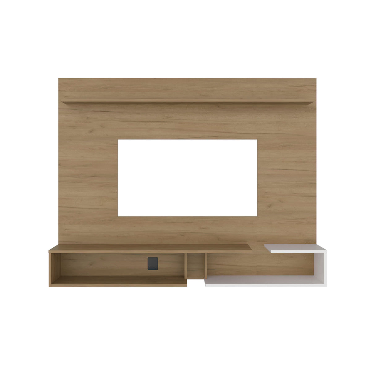 Colorado Wall Mounted TV Panel with Floating Media Console and Open Storage Shelves,Natural Oak