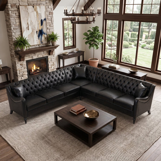PU Leather L‑Shaped Sectional Sofa, Tufted Corner Couch with Solid Wood Frame & Birch Wood Legs, Upholstered Corner Sofa for Living Room, 2 Colors Available
