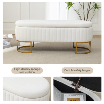 Storage Bench Bedroom Bench, Velvet Oval Upholstered End of Bed Bench with Golden Metal Legs, Modern Storage Ottoman Bench for Bedroom, Living Room, Entryway,Window,Ivory