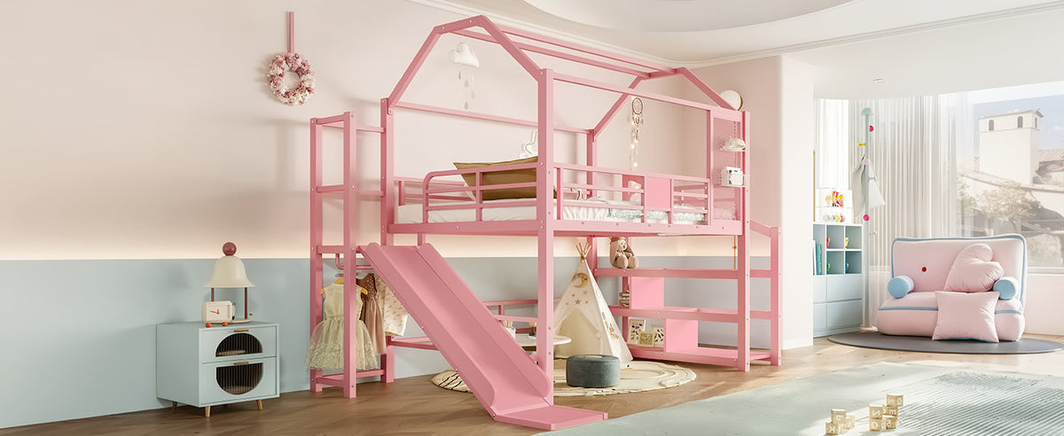 Full House Loft bed with Slide and Stairs, Metal Playhouse Bed with Storage Shelves, House-shaped Roof and Noise-free Design, Pink