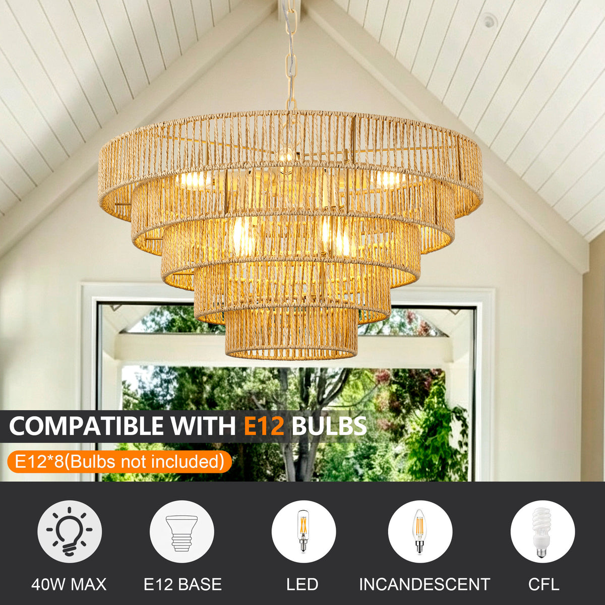 23.62" Tiered Chandelier, 5-Tier Off White Metal & Glass Pendant Light, 8xB12 Socket Max 40W, Bulbs Not Included