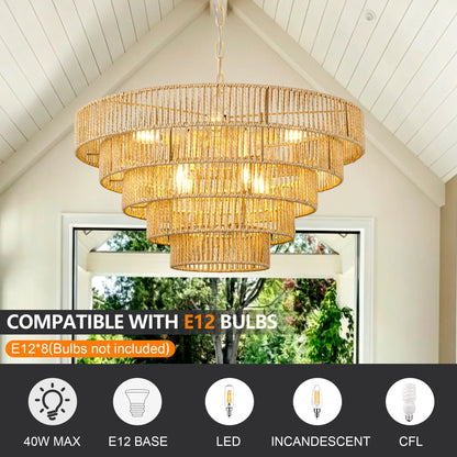 23.62" Tiered Chandelier, 5-Tier Off White Metal & Glass Pendant Light, 8xB12 Socket Max 40W, Bulbs Not Included