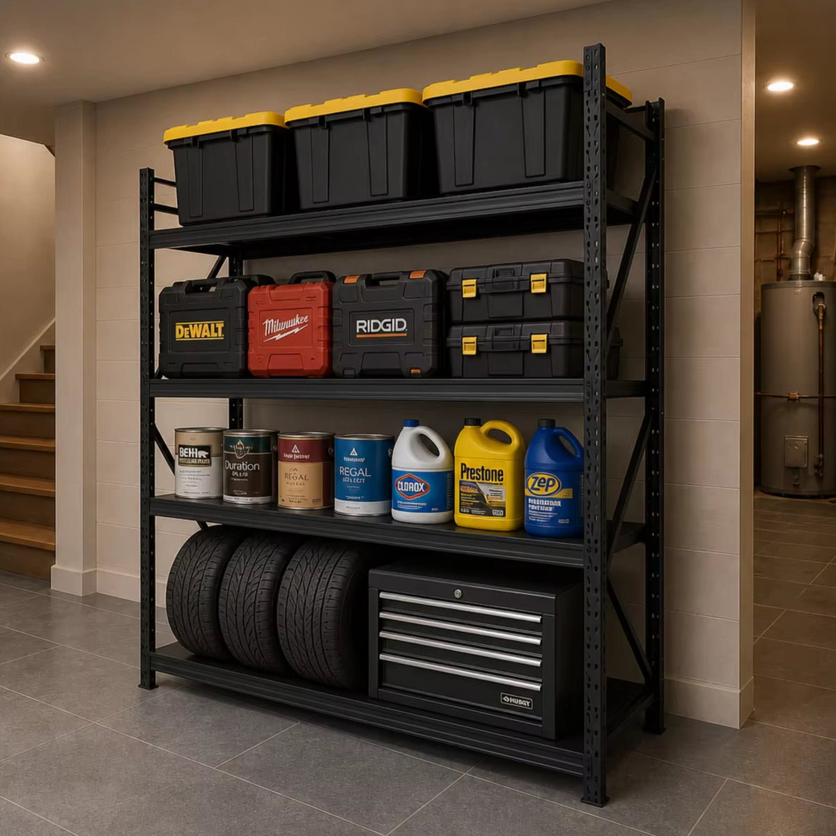 4-Tier Heavy Duty Storage Shelves, 70.87"W x 23.62"D x 71.26"H Metal Shelving Unit, 6000 LBS Capacity Industrial Steel Utility Rack, Adjustable Garage Shelving for Basement, Warehouse - Black
