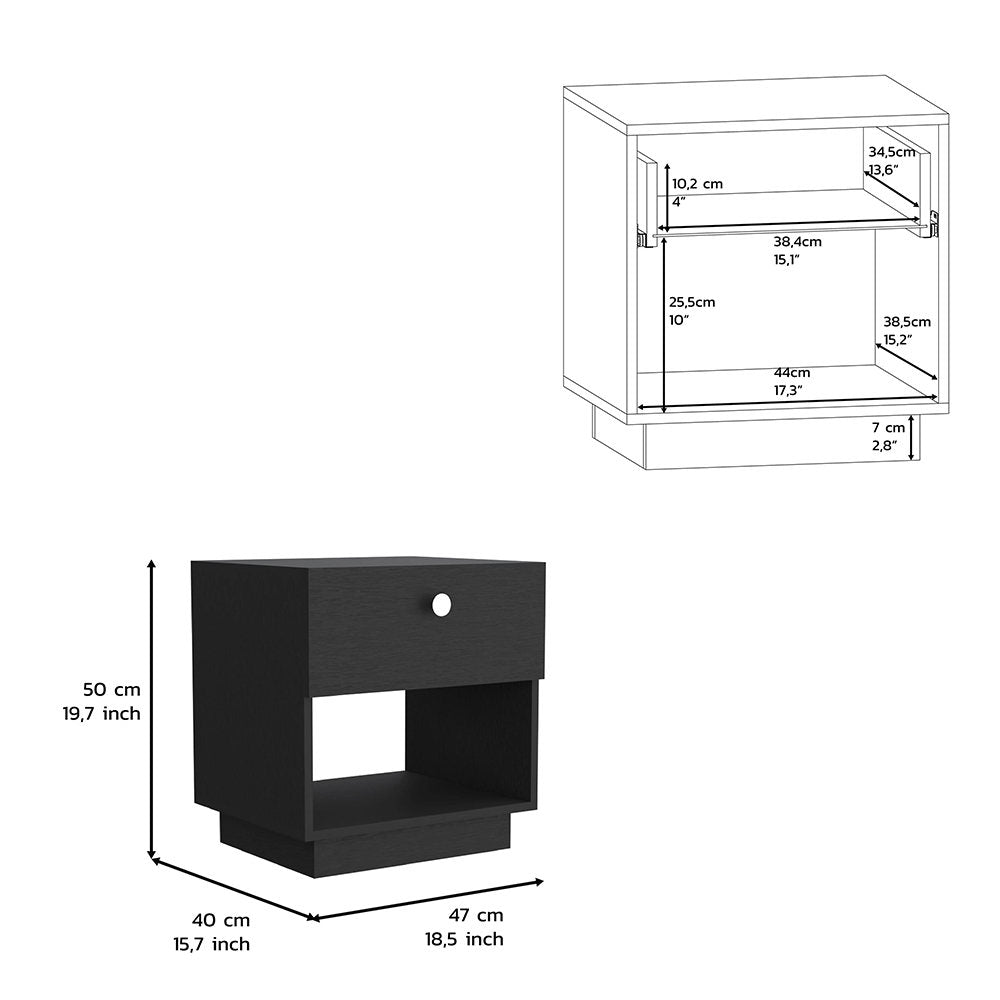 Single Drawer Nightstand 19"H with Open Storage Shelf, Black