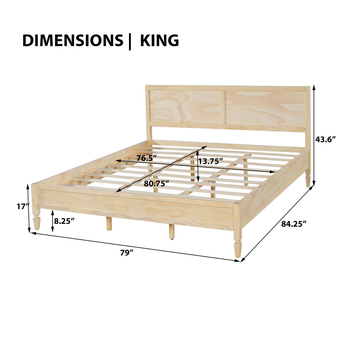 King Size Wood Platform Bed Frame with Classic Panel Headboard, Natural Finish, Solid Wood and MDF Construction, 10 Wooden Slats, No Box Spring Needed